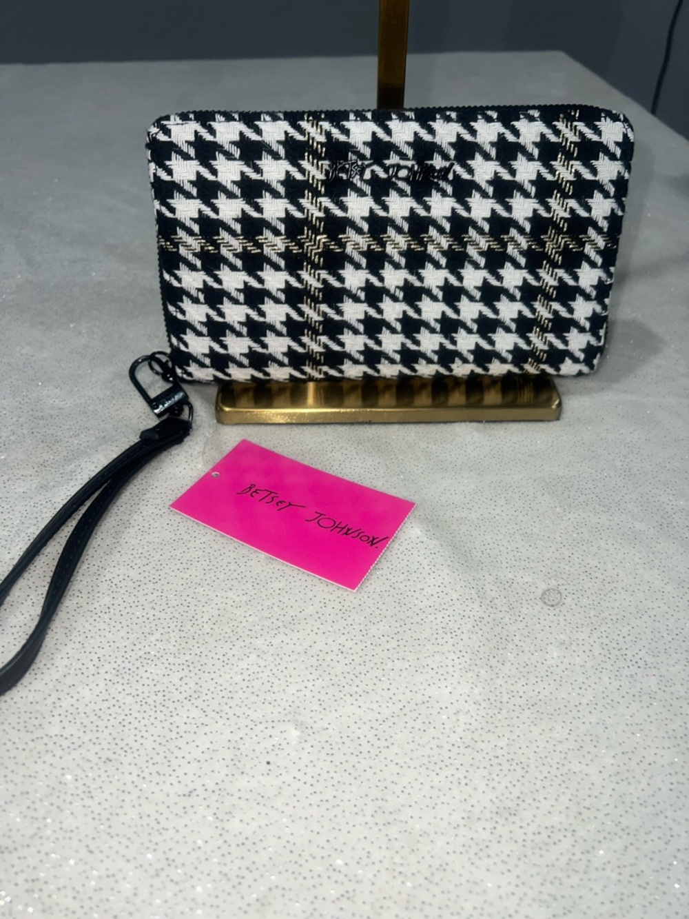 Betsey Johnson Black & White Houndstooth Wristlet with Gold Accents